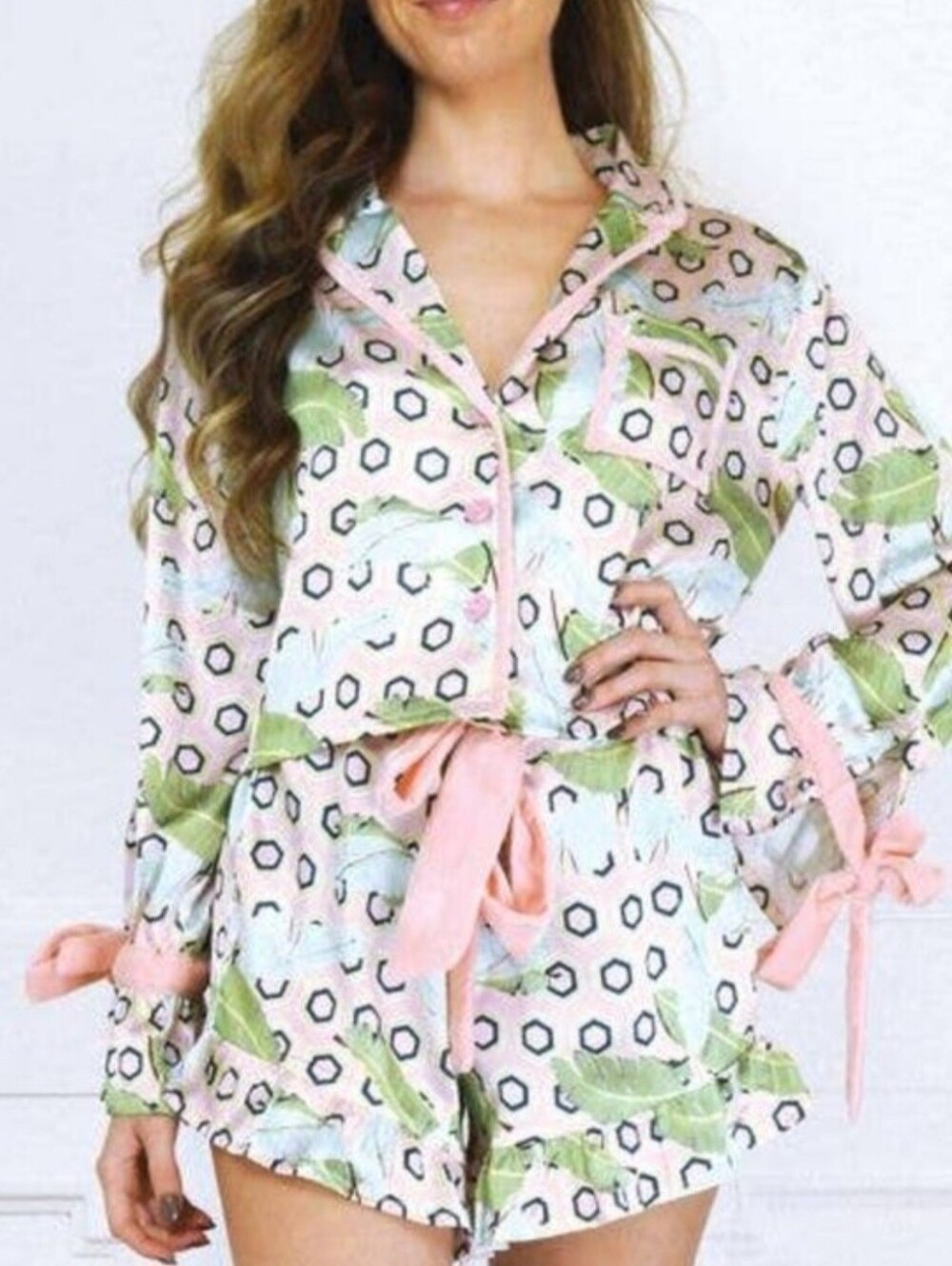 8 Oak Lane Velvet Trim Geo Pajama Set Xs S